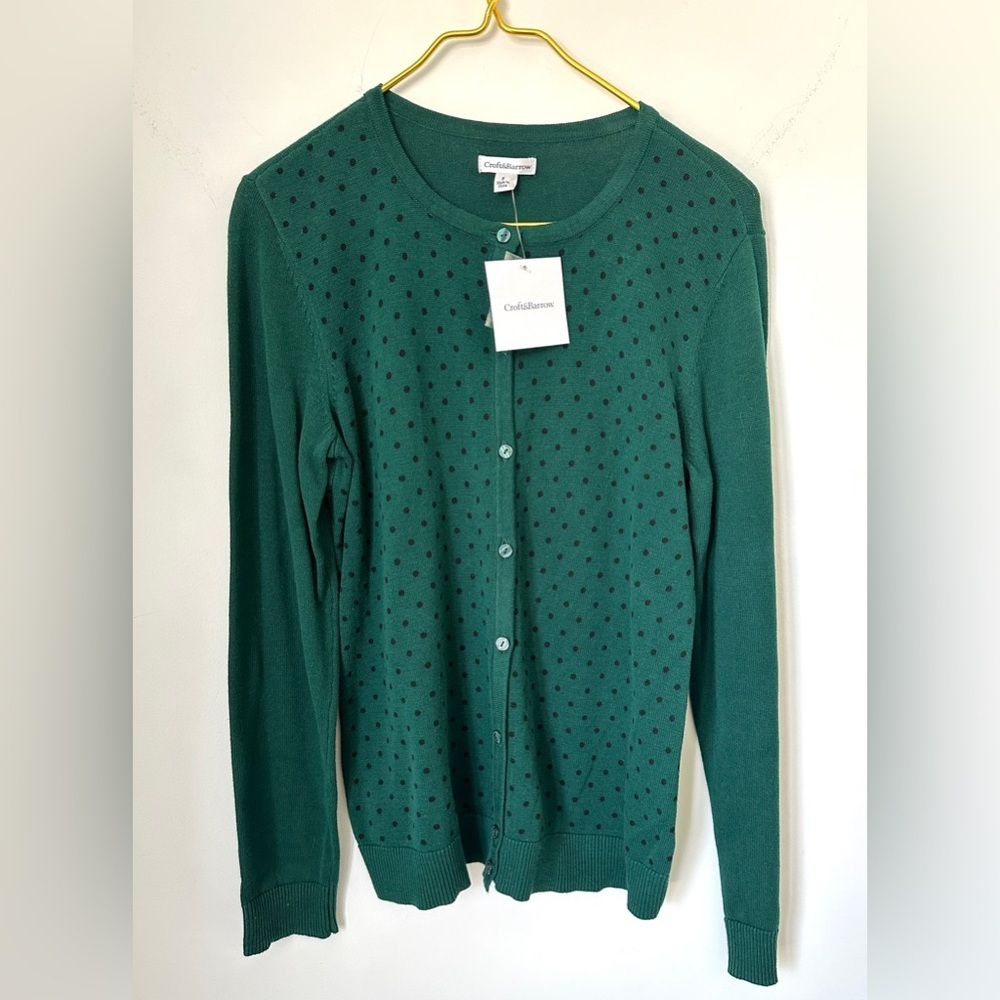 NWT Croft & Barrow Green Black Polka Dot Classic Cotton Cardigan Women’s Small